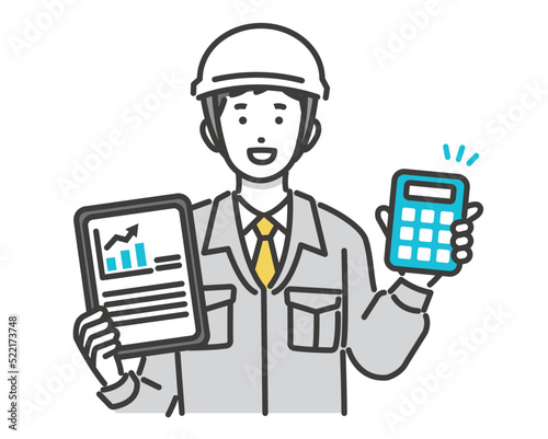 DX推進でタブレットと電卓を持って説明をする作業員やスーツ姿の男性のベクターイラスト素材／建築／IT／物流