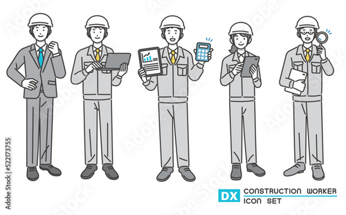 DX推進でタブレットやパソコンを持つ作業員やスーツ姿の男性のベクターイラスト素材／建築／IT／物流