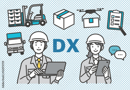 DX推進でタブレットやパソコンを持つ作業員と物流（ロジスティクス）のアイコンのベクターイラスト素材／建築／IT／物流
