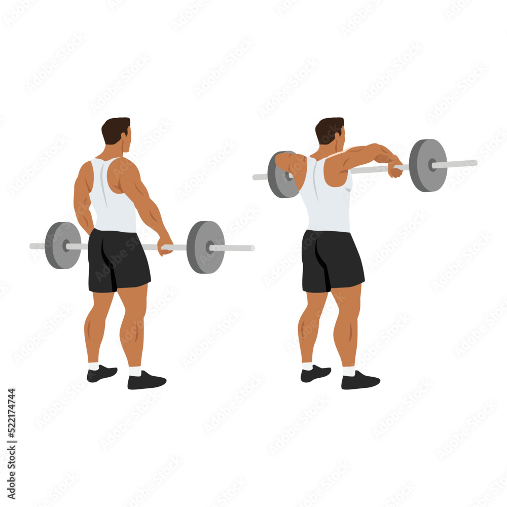 Man doing barbell upright row exercise flat vector illustration isolated on white background Man doing barbell upright row exercise flat vector illustration isolated on white background