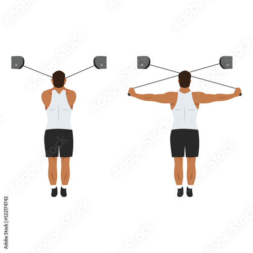 Man doing High cable rear delt fly exercise. Flat vector illustration isolated on white background