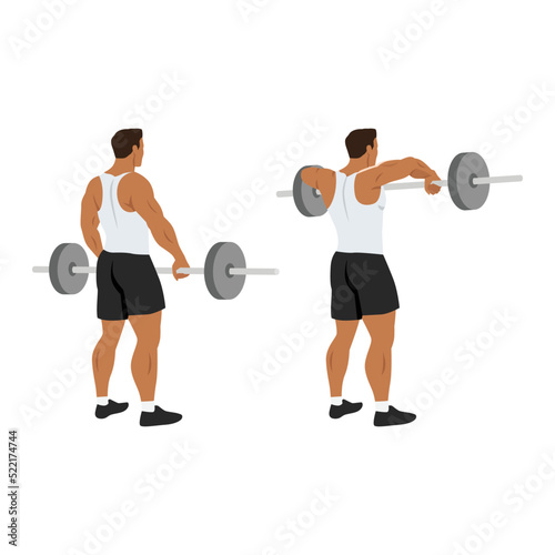 Man doing barbell upright row exercise flat vector illustration isolated on white background