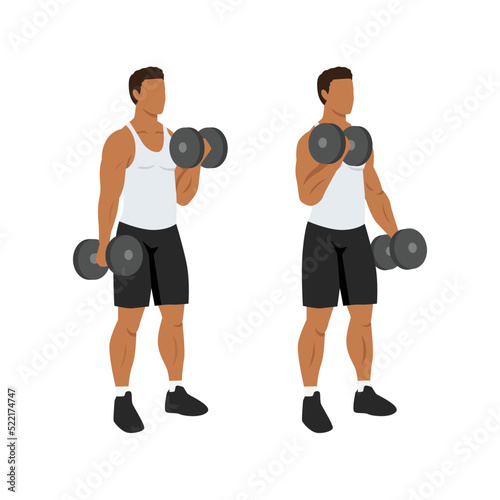 Man doing Alternating dumbbell curl. Flat vector illustration isolated on different layers. Workout character