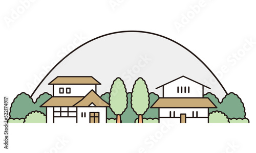 古民家と田舎の景色のイラスト素材。