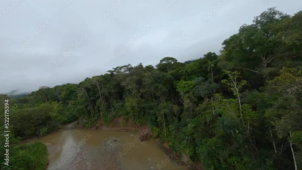 Flying fast along the Amazon rainforest river tree line, Ecuador, FPV drone Flying fast along the Amazon rainforest river tree line, Ecuador, FPV drone