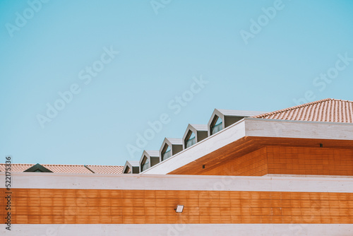 Orange brick roof with blue sky 
 photo