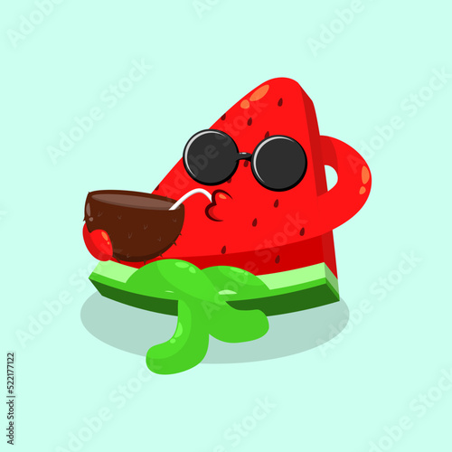 Watermelon mascot relax and drink coconut