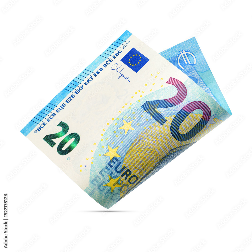Twenty euro bill isolated on white. - obrazy, fototapety, plakaty 