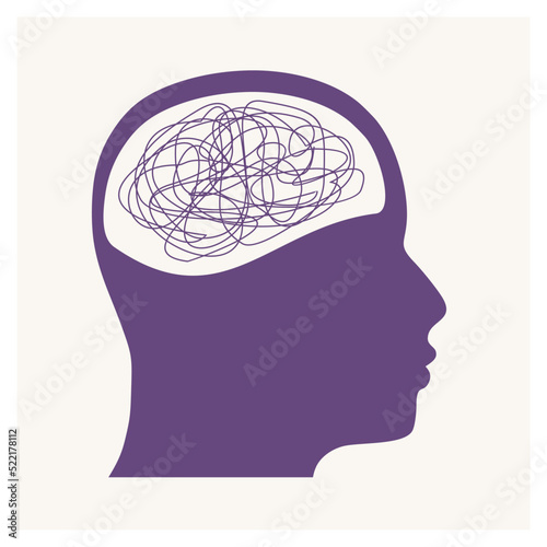 Psychotherapy, stress and psychosis. A man's head in profile with a tangled ball of nerves, scribbles symbolizing a depressed state of a person. Psychological help. Personality disorder and depression