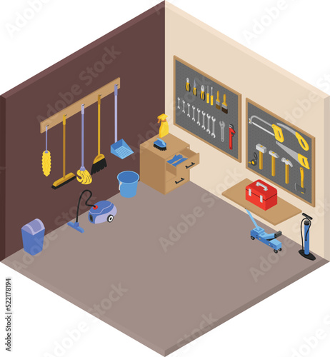 Isometric Garage Room with Cleaning Tools