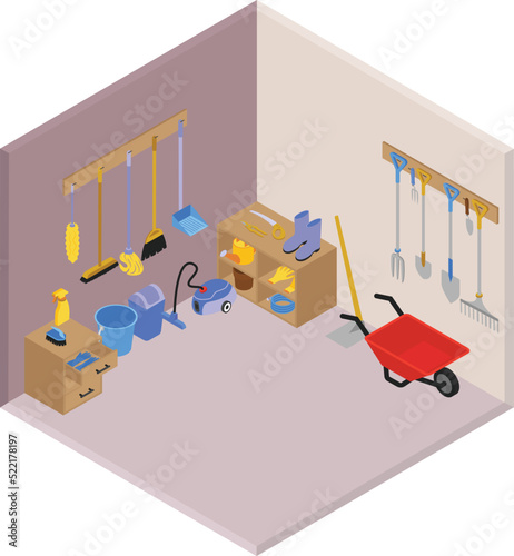 Isometric Garage Room with Gardening Tools
