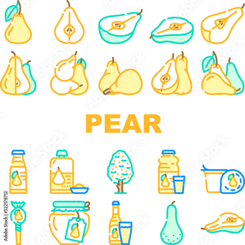 pear fruit half food slice icons set vector. white green leaf, cut fresh juicy ripe, asian organic raw piece, tree pear fruit half food slice color line illustrations