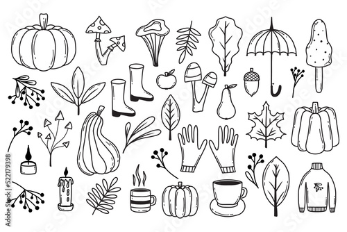 Autumn set of elements in doodle style. Collection with autumn leaves, pumpkins, mushrooms, berries and more. Vector illustration. Hello, Autumn. Doodle style.