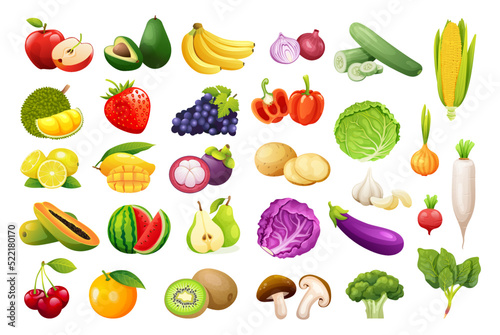 Fototapeta Naklejka Na Ścianę i Meble -  Vector set of fruits and vegetables in cartoon style. Healthy food illustration