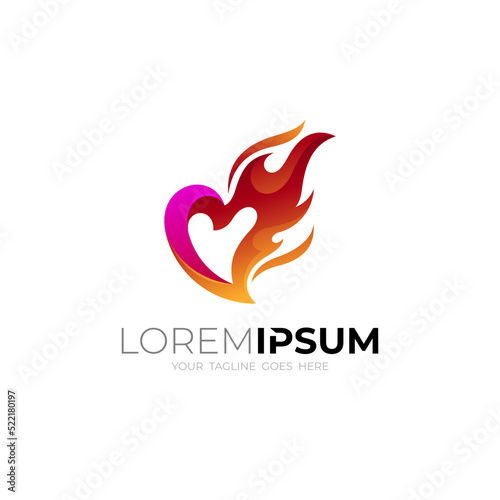 Fire logo and love design combination, red color