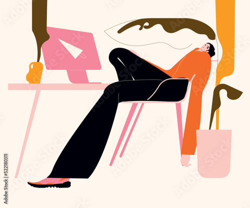 Lazy tired woman at computer desk at office. Apathy, burnout and procrastination concept. Flat vector illustration isolated on white background