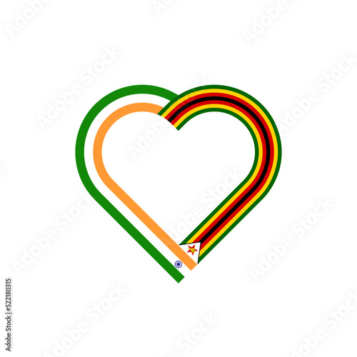 unity concept. heart ribbon icon of india and zimbabwe flags. vector illustration isolated on white background
