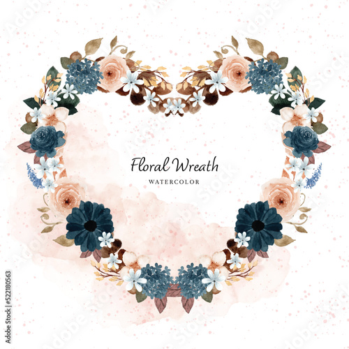 Lovely Rustic Blue Watercolor Floral Wreath With Abstract Stain