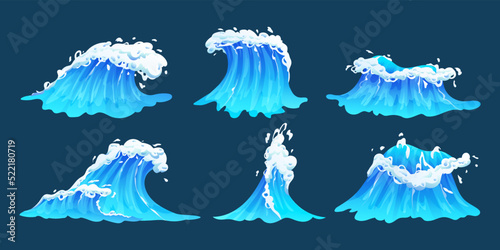 Cartoon sea waves collection. Set of blue ocean waves with white foam vector illustration