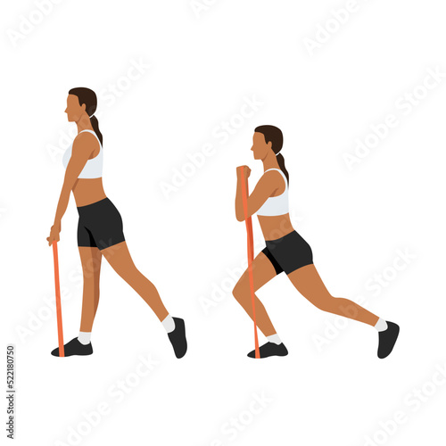 Woman doing Lunge with bicep curl exercise. Flat vector illustration isolated on white background