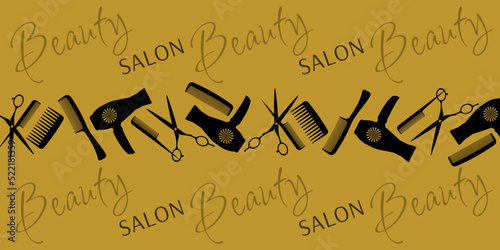 Background with scissors, combs, hair dryer. Design for beauty salon and hairdresser.