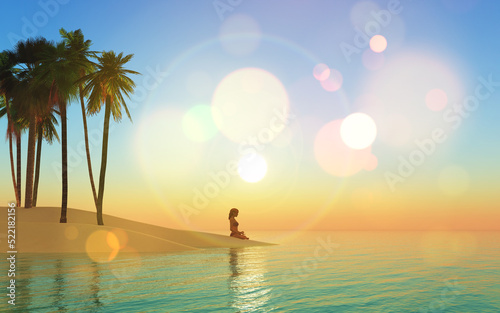 3D beach landscape at sunset with female in yoga position