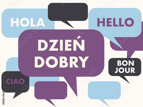 Polish language courses concept illustration. Translation from left to right: word "Hello" in Spanish, English, Polish, Italian, French languages. Speaking Polish language background. 