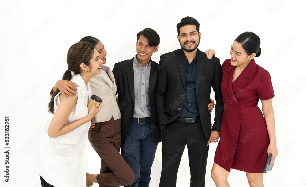 Team of successful young people standing together. Some people drink coffee some people holding  tablet computer. Portrait on white background with studio light.