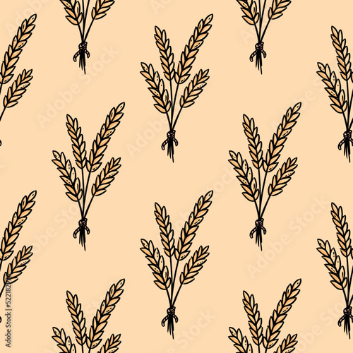 Cute cartoon wheat bundles doodles seamless border pattern. Grain vector repeatable background texture tile. Cozy template of stock print for wrapping design, wallpaper