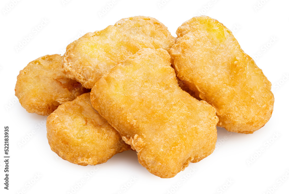 Fried nugget in paper bucket isolated on white background, Fried chicken nugget on white With clipping path. Fried nugget in paper bucket isolated on white background, Fried chicken nugget on white With clipping path.