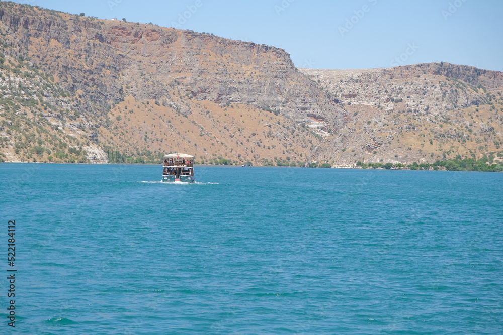 View of the river euphrates, boat tour in euphrates local name is Firat Nehri, in Halfeti, Sanliurfa.