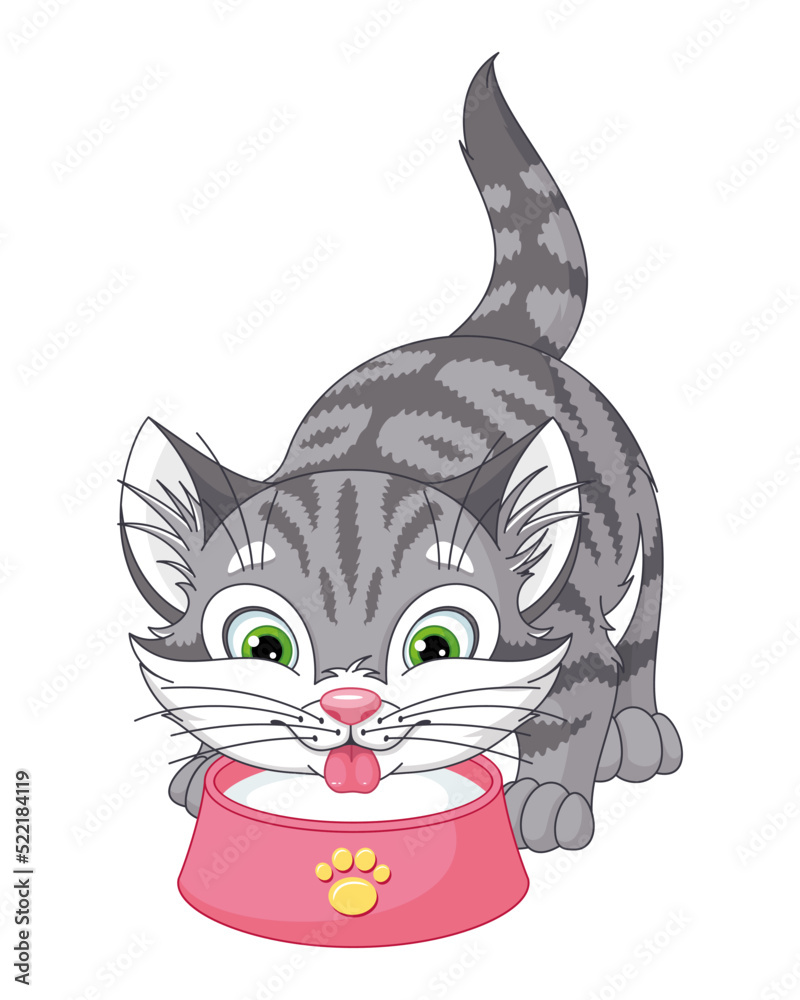 Kitten drinking milk from bowl cartoon vector illustration Stock Vector ...