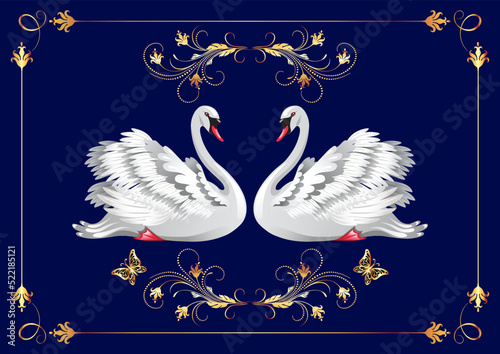 Decorative card with pair of white swans and vintage golden ornament for invitations or congratulations with wedding or engagement