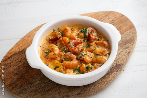 Tapa de gambas al ajillo. Prawns cooked with olive oil, garlic and hot pepper. Typical Spanish tapas.
