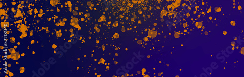 Splashes of orange transparent paint on bright purple gradient. Banner art, abstract background, dripping texture, speckled orange fluid.