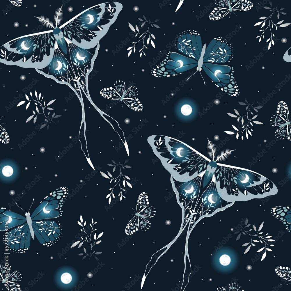 Seamless pattern with moths in the starry sky. Night butterfly. Design ...