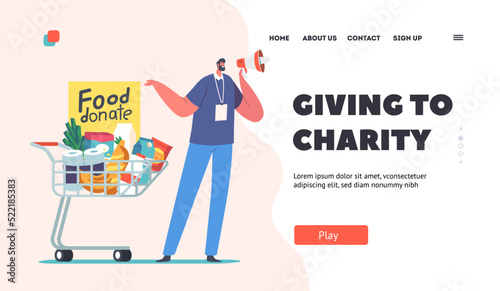 Giving to Charity Landing Page Template. Volunteer Character Collect Foodstuffs for Donation Box. Man with Shopping Cart