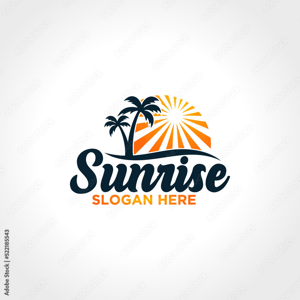 Tropical palm trees island silhouettes with Sunset template