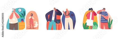 People Communicate by Mobile Phone. Granny and Little Grandson, Adult Couple and Teenagers Characters Speaking