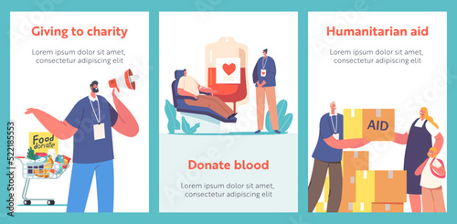 Volunteers Charity, Donation, Humanitarian Aid and Help to Poor People Cartoon Banners. Characters Donate Vector Posters