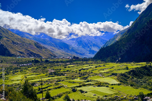 Landscape in the mountains. Scenic Landscape of Baspa river valley near Chitkul village in Kinnaur district of Himachal Pradesh, India. It is the last inhabited village near the Indo-China border.