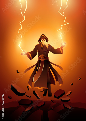 Wizard casts enchanted powerful spell
