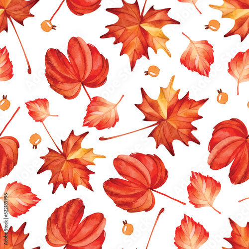 Red autumn leaves watercolor seamless pattern 