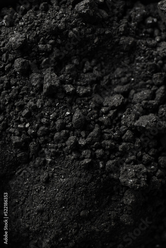 Powdered charcoal, close up, dark background or backdrop