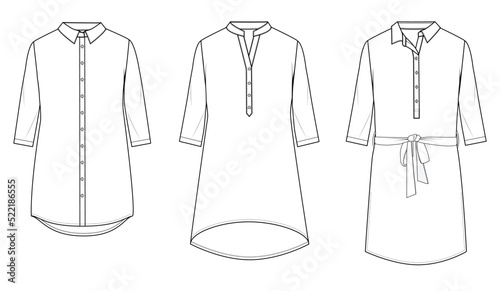 womens kurtha tops flat sketch vector illustration long sleeve shirt dress technical drawing template. cad mockup. photo