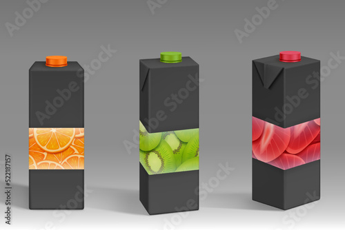 Black carton packs with fruit print for juice in front and angle view. Vector realistic 3d mockup of containers for juicy drink with plastic caps and pattern of strawberry, orange and kiwi