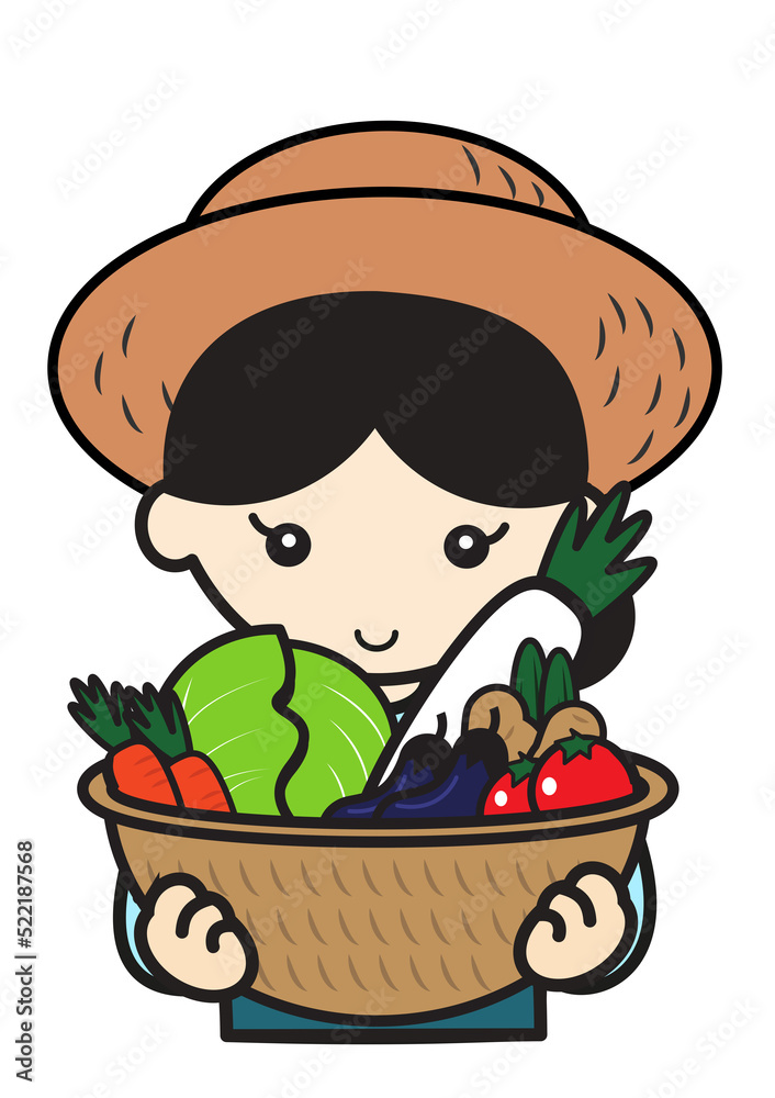 野菜の入った籠を持つ麦わら帽子の女性