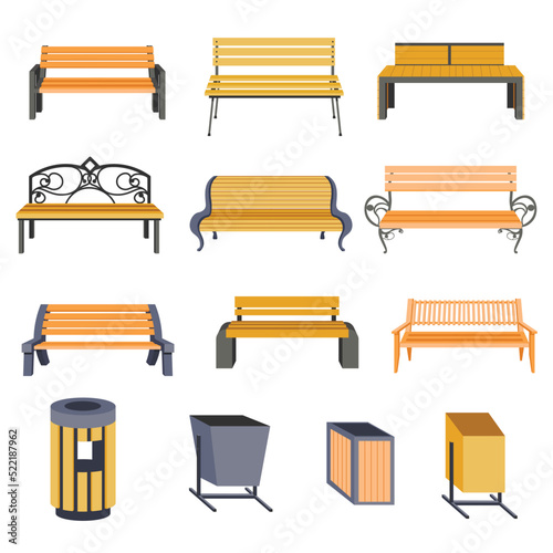 Realistic benches and garbage bin for outdoors