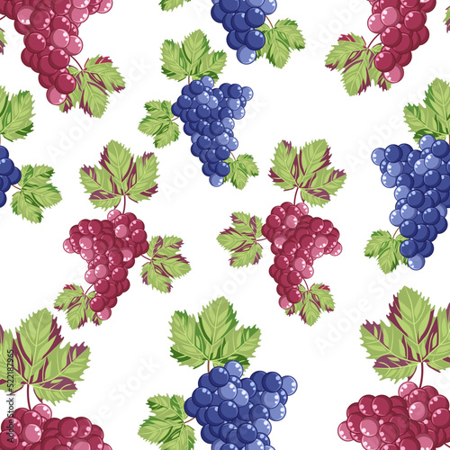 Seamless pattern grape brush,red and blue grapes on a white background.Vector pattern can be used for juice and wine packaging.in textiles, winemaking designs.