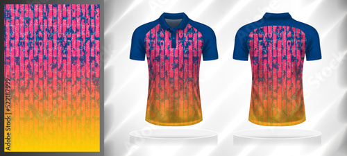 Vector sport pattern design template for Polo T-shirt front and back with short sleeve view mockup. Pink-blue-yellow color gradient abstract grunge brick wall texture background illustration.